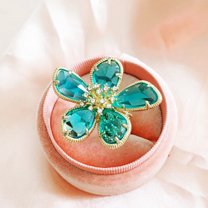 1pc Exaggerated Crystal Flower Ring For Women, Stylish Open Ring, Unique Design Trend Index Finger Ring